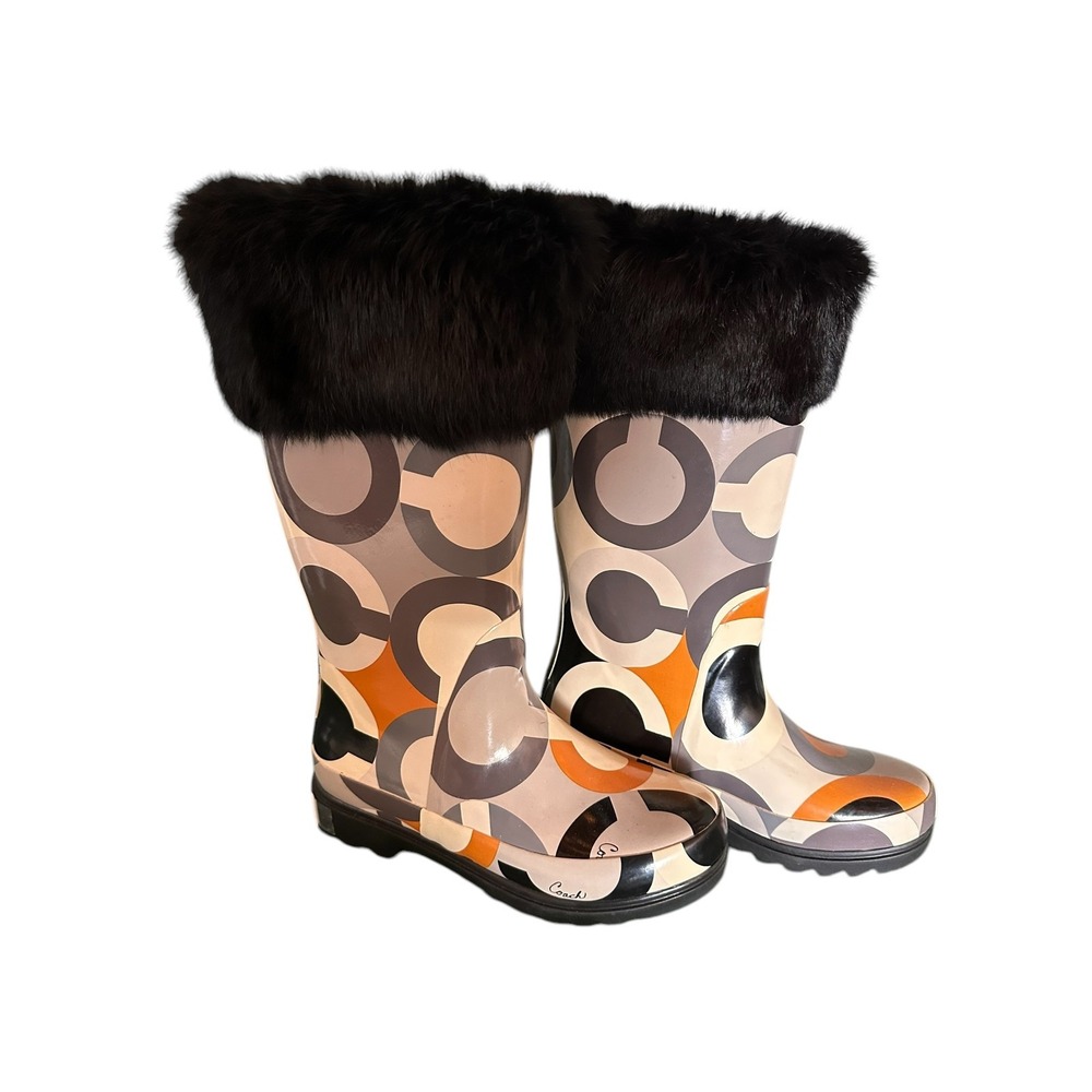 Coach Peony Pull On Rain Boots Size 6 Style A7340 Signature C Logo Brand New‎